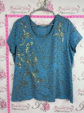 Coldwater Creek tshirt Teal Blue Short Sleeve Top with Gold Sequin Floral Accent